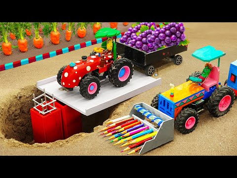 Diy tractor making mini Concrete Bridge Construction | rescues Tractor transporting fruits | HP Mini