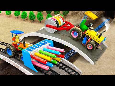 Diy tractor making mini Bulldozer Fireworks | diy Concrete Bridge & Crane rescues Tractor | HP Mini