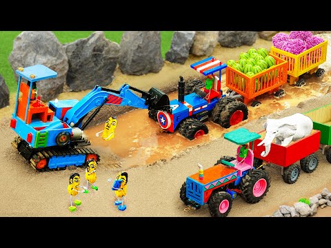 Diy tractor making mini Excavator rescue Tractor stuck in mud | tractor transporting fruit | HP Mini